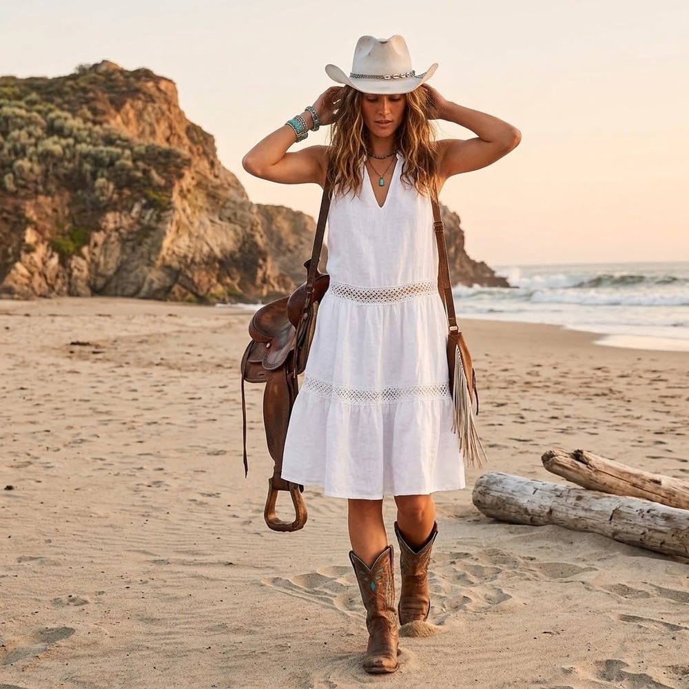Maven West Cottagecore White 100% Linen Tiered Crochet Lace Halter Dress S USA